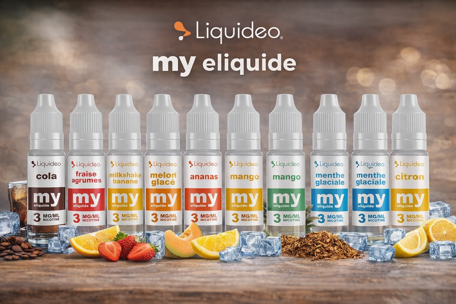 Visuel de la gamme My E-Liquide Liquideo regroupant plusieurs e-liquides aux saveurs fruitées et classiques disponibles chez Amazone Paradise.