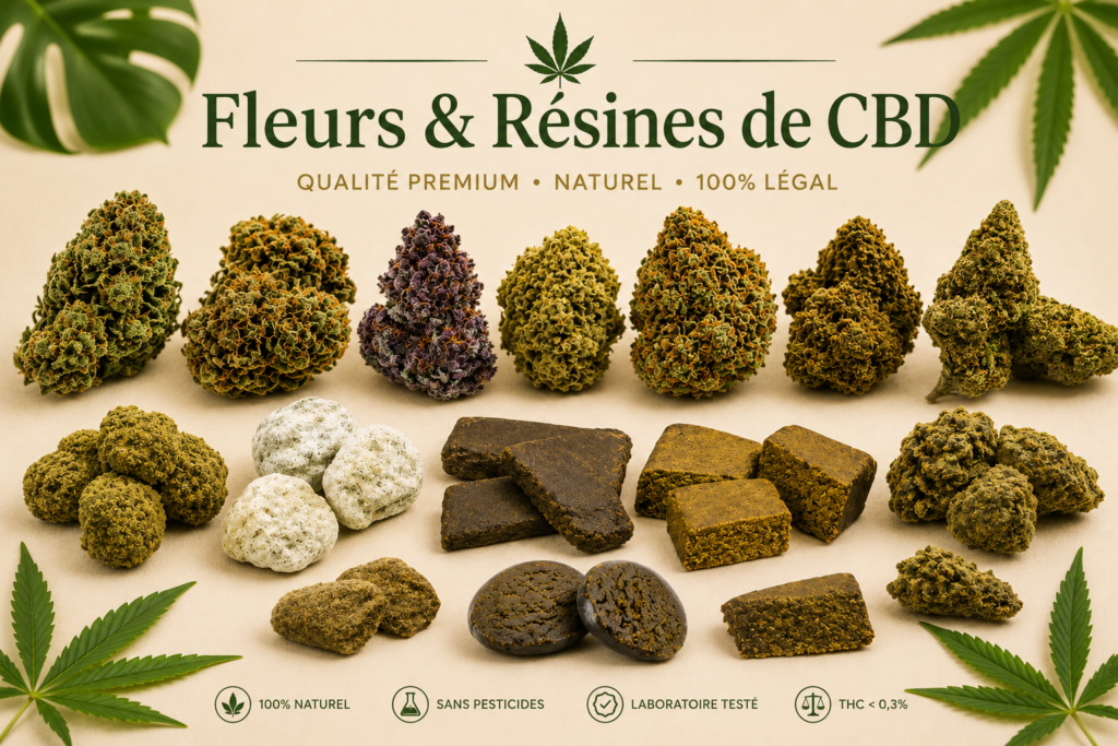 Assortiment de fleurs et résines CBD premium proposé par Amazone Paradise en Guyane.